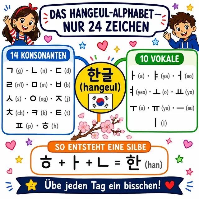 Mindmap: das Hangeul-Alphabet, nur 24 Zeichen